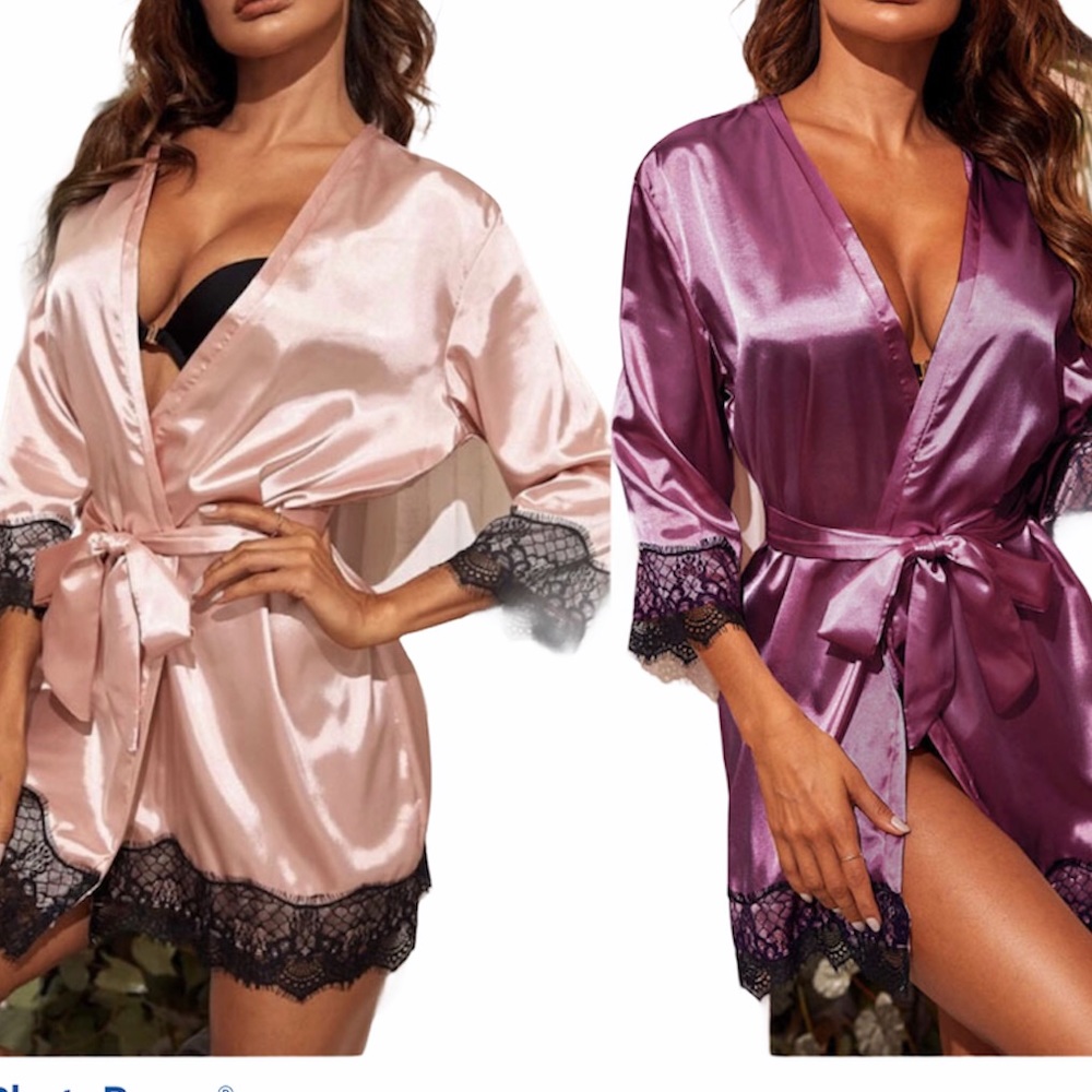 New Pink Short Satin Robe With Lace Trim